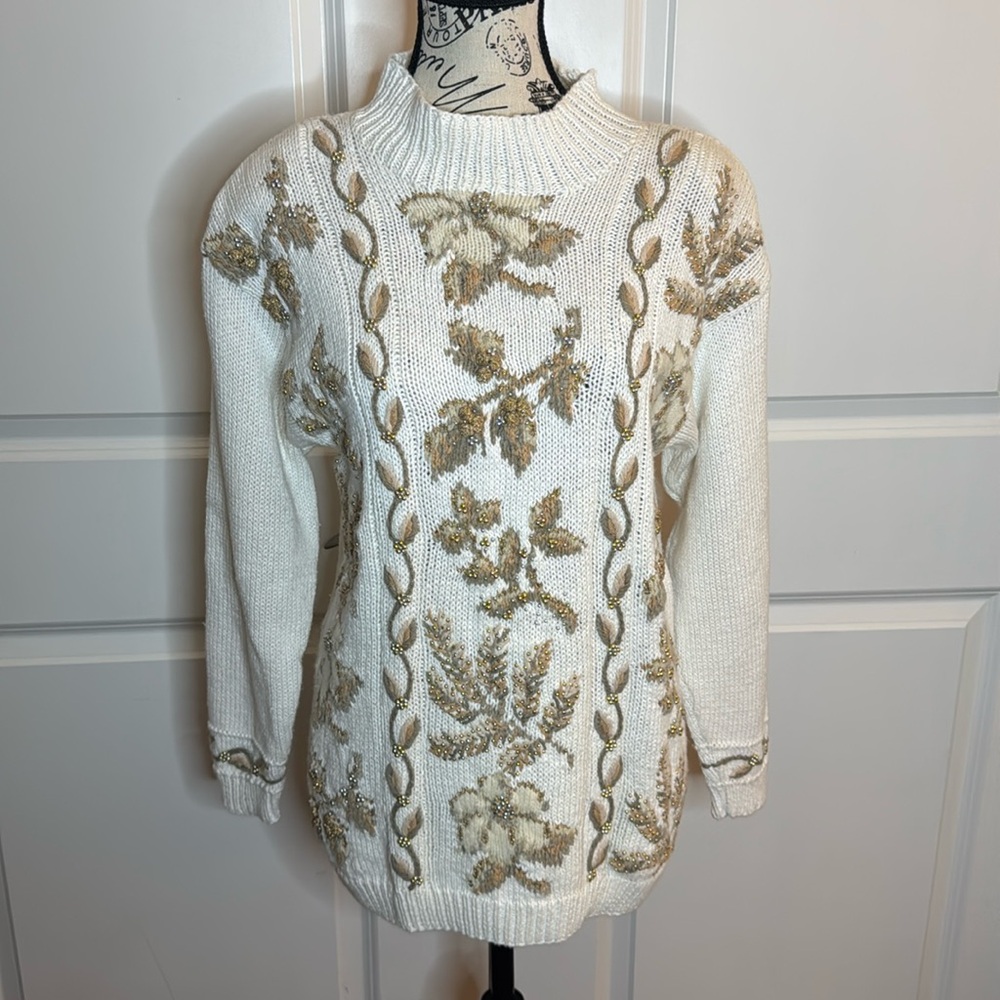 Vintage Talbots Hand Knit Beaded Floral Sweater Ivory Mock‎ Neck Size S